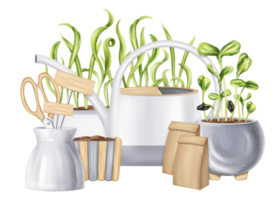 A composition of working tools, watering can, rake, shovel, spray gun, seeds, boxes of greens. Equipment for the garden and home. Agriculture, cultivation of plants and flowers. Isolated illustration png