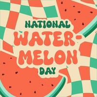 National Watermelon Day groovy style greeting card, square frame illustration with cartoon style watermelons. August 3 vector