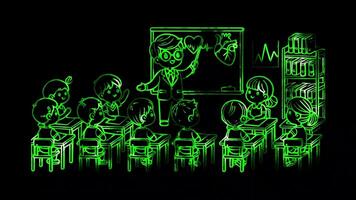 Glowing looping World Heart Day Students learning about heart health in classrooms. neon frame effect, black background. video