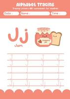 Alphabet tracing worksheet. A-Z writing pages. Letter J uppercase and lowercase tracing with cartoon jam . Handwriting exercise for kids vector