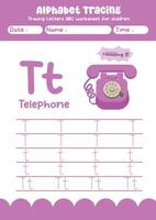 Alphabet tracing worksheet. A-Z writing pages. Letter T uppercase and lowercase tracing with cartoon telephone . Handwriting exercise for kids vector