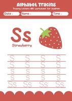 Alphabet tracing worksheet. A-Z writing pages. Letter S uppercase and lowercase tracing with cartoon strawberry . Handwriting exercise for kids vector