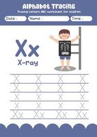 Alphabet tracing worksheet. A-Z writing pages. Letter X uppercase and lowercase tracing with cartoon xray . Handwriting exercise for kids vector