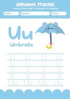 Alphabet tracing worksheet. A-Z writing pages. Letter U uppercase and lowercase tracing with cartoon umbrella . Handwriting exercise for kids vector
