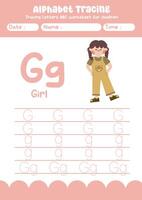 Alphabet tracing worksheet. A-Z writing pages. Letter G uppercase and lowercase tracing with cartoon girl . Handwriting exercise for kids vector