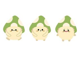 Cute green mushroom character design different expression in kawaii style. Isolated on white background vector