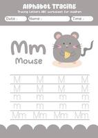 Alphabet tracing worksheet. A-Z writing pages. Letter M uppercase and lowercase tracing with cartoon mouse . Handwriting exercise for kids vector