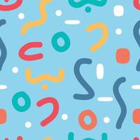 Fun colorful line doodle seamless pattern on blue background. Creative minimalist style art background for children or trendy design with basic shapes. vector