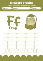 Alphabet tracing worksheet. A-Z writing pages. Letter F uppercase and lowercase tracing with cartoon frog . Handwriting exercise for kids vector