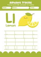 Alphabet tracing worksheet. A-Z writing pages. Letter L uppercase and lowercase tracing with cartoon lemon . Handwriting exercise for kids vector