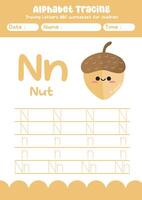 Alphabet tracing worksheet. A-Z writing pages. Letter N uppercase and lowercase tracing with cartoon nut . Handwriting exercise for kids vector
