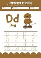 Alphabet tracing worksheet. A-Z writing pages. Letter D uppercase and lowercase tracing with cartoon dog . Handwriting exercise for kids vector