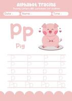 Alphabet tracing worksheet. A-Z writing pages. Letter P uppercase and lowercase tracing with cartoon pig . Handwriting exercise for kids vector