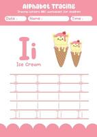 Alphabet tracing worksheet. A-Z writing pages. Letter I uppercase and lowercase tracing with cartoon ice cream . Handwriting exercise for kids vector