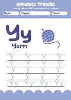 Alphabet tracing worksheet. A-Z writing pages. Letter Y uppercase and lowercase tracing with cartoon yarn . Handwriting exercise for kids vector