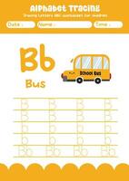 Alphabet tracing worksheet. A-Z writing pages. Letter B uppercase and lowercase tracing with cartoon bus . Handwriting exercise for kids vector