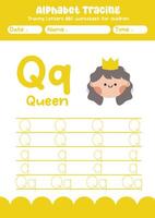 Alphabet tracing worksheet. A-Z writing pages. Letter Q uppercase and lowercase tracing with cartoon queen . Handwriting exercise for kids vector