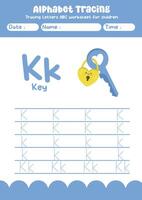 Alphabet tracing worksheet. A-Z writing pages. Letter K uppercase and lowercase tracing with cartoon key . Handwriting exercise for kids vector
