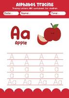 Alphabet tracing worksheet. A-Z writing pages. Letter A uppercase and lowercase tracing with cartoon apple . Handwriting exercise for kids vector