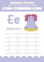 Alphabet tracing worksheet. A-Z writing pages. Letter E uppercase and lowercase tracing with cartoon elephant . Handwriting exercise for kids vector
