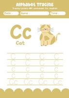 Alphabet tracing worksheet. A-Z writing pages. Letter C uppercase and lowercase tracing with cartoon cat . Handwriting exercise for kids vector