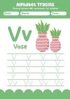 Alphabet tracing worksheet. A-Z writing pages. Letter V uppercase and lowercase tracing with cartoon vase . Handwriting exercise for kids vector