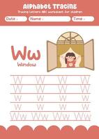 Alphabet tracing worksheet. A-Z writing pages. Letter W uppercase and lowercase tracing with cartoon window . Handwriting exercise for kids vector