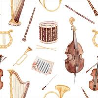 Seamless pattern with classical music instruments. Drum, Bass and Harp with sheet music, violin, flute and clarinet. Vintage style hand drawn watercolor illustration isolated on white background vector