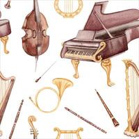 Classical music instruments seamless pattern. Contrabass and Harp with grand piano and horn. Oboe, flute and clarinet. Vintage style hand drawn watercolor illustration isolated on white background vector