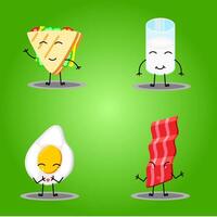 Mascot characters depicting breakfast such as sandwiches, milk, eggs, and meat for breakfast, on a green background vector
