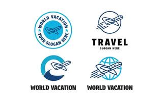 set collection world vacation logo design concept idea with globe and plane with label circle vector