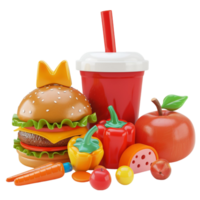 A toy hamburger, a drink, and vegetables On Transparent background. png