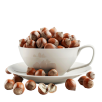 Hazelnuts in a cup and saucer on a transparent background. png