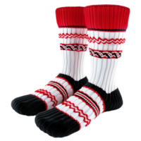 A Pair of socks with red and black stripes On transparent background. png