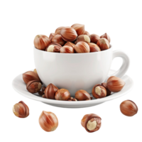 Hazelnuts in a cup and saucer on a transparent background. png