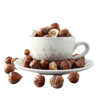Hazelnuts in a cup and saucer on a transparent background. png