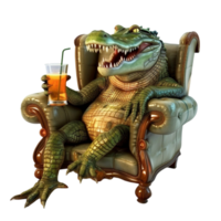 A crocodile sitting in a chair with a drink On transparent background. png