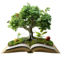 Open book with tree and plants on it On transparent background. png