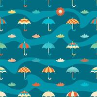 Abstract umbrella on the wavy sky background seamless pattern. Perfect print for textile, fabric, paper. Retro style illustration. vector