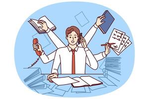 Multi-armed man multitasking with documents and talking on phone sitting in office vector