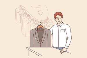 Man working in dry cleaner shows business jacket, cleaned of stains from food or sauce vector