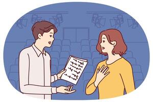 Man and woman working as actors are rehearsing theatrical performance standing on stage vector