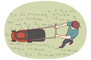 Man uses lawn mower to cut grass and wild weeds on golf course in park or in his own backyard vector