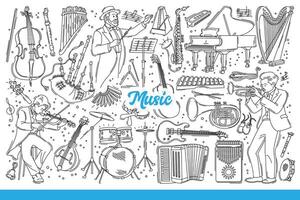 Musical instruments for performing orchestral music with classical compositions. Hand drawn doodle vector