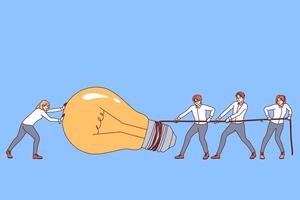 Team work on idea for business people pulling giant light bulb symbolizing new startup project vector