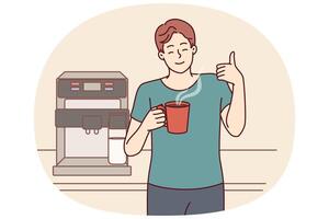 Man drinks coffee from mug standing near machine for making delicious espresso and shows thumbs up vector