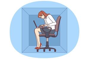 Woman with laptop sits in cardboard box typing article working in cramped office of small company vector