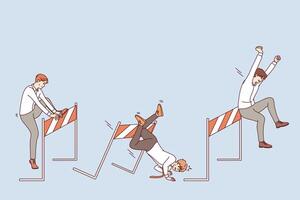 Tough competition in business for men running and hesitating, jumping over obstacles on path vector