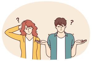 Doubting man and woman shrug hands and touch heads, sign of absence of solution to problem vector