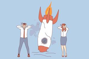 Rocket crash and failure of space startup launched by bewildered, unprofessional business people vector